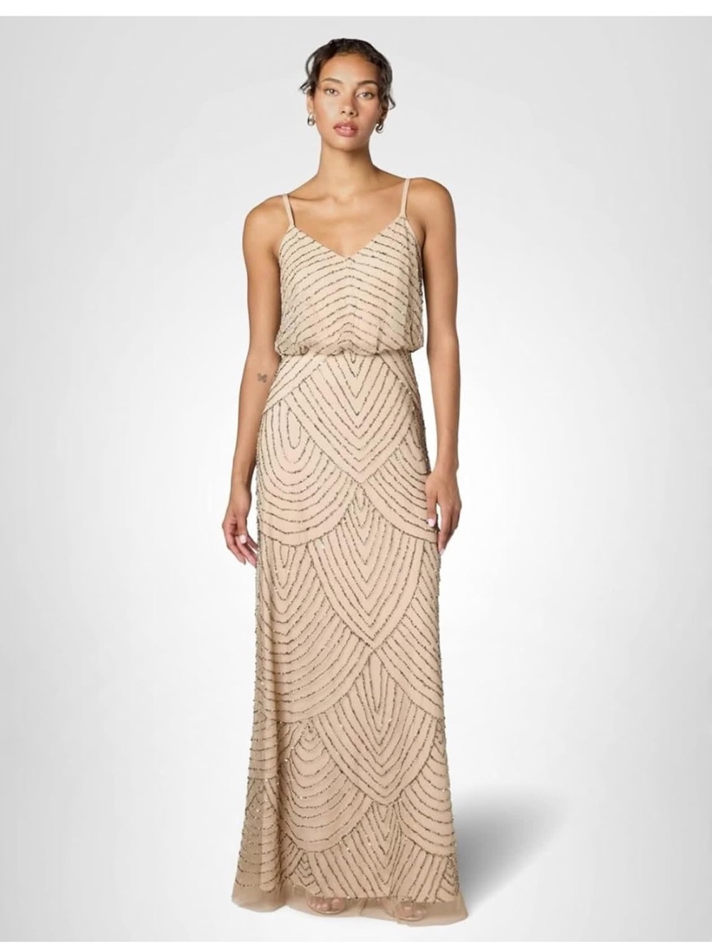Adrianna Papell Nude Beaded V-Neck Spaghetti Strap Maxi Dress-taupe/pink